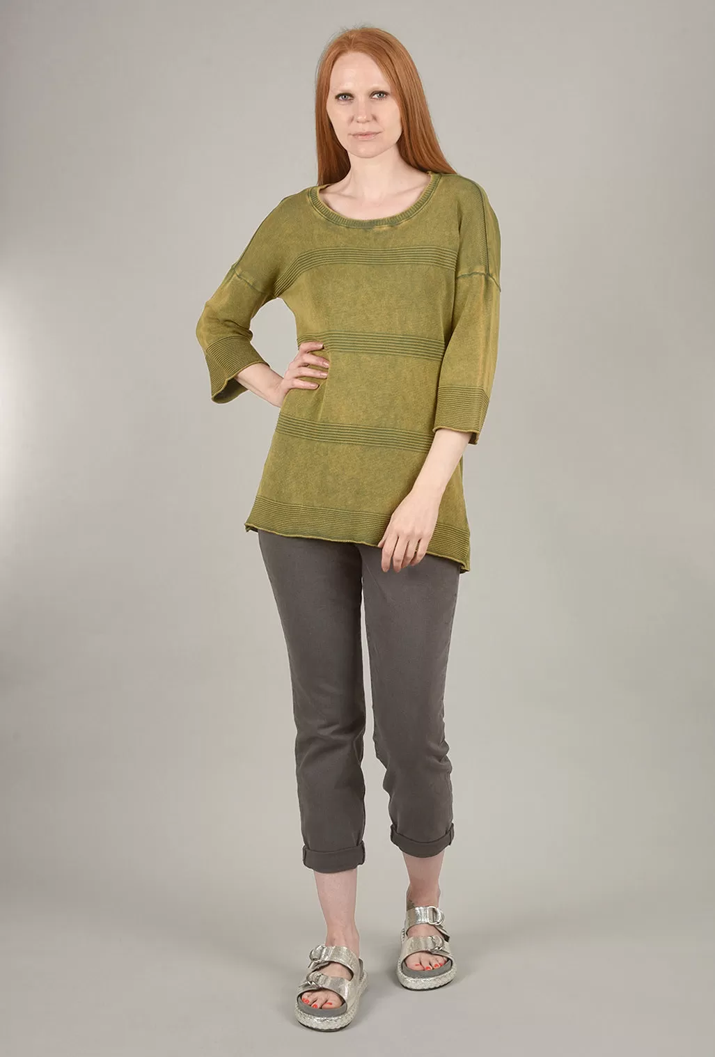 Mineral-Wash Contrast Sweater, Green Olive