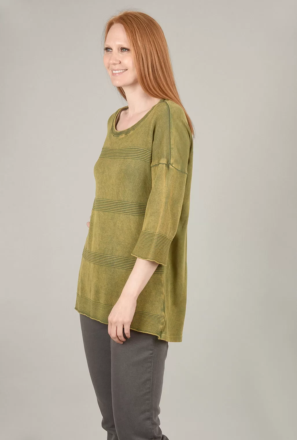 Mineral-Wash Contrast Sweater, Green Olive