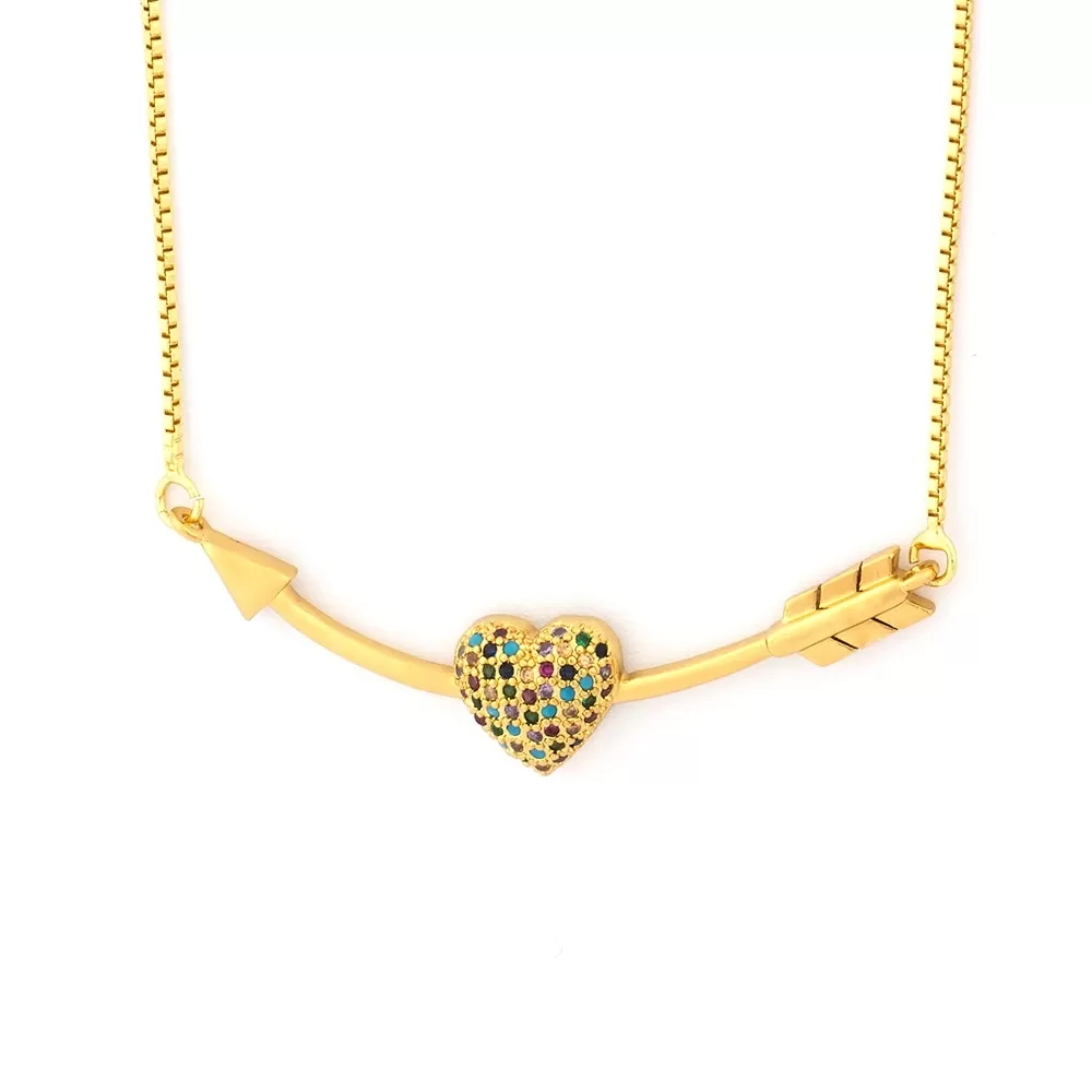 Multi-Color Pave Cupid Arrow Heart Pendant Necklace