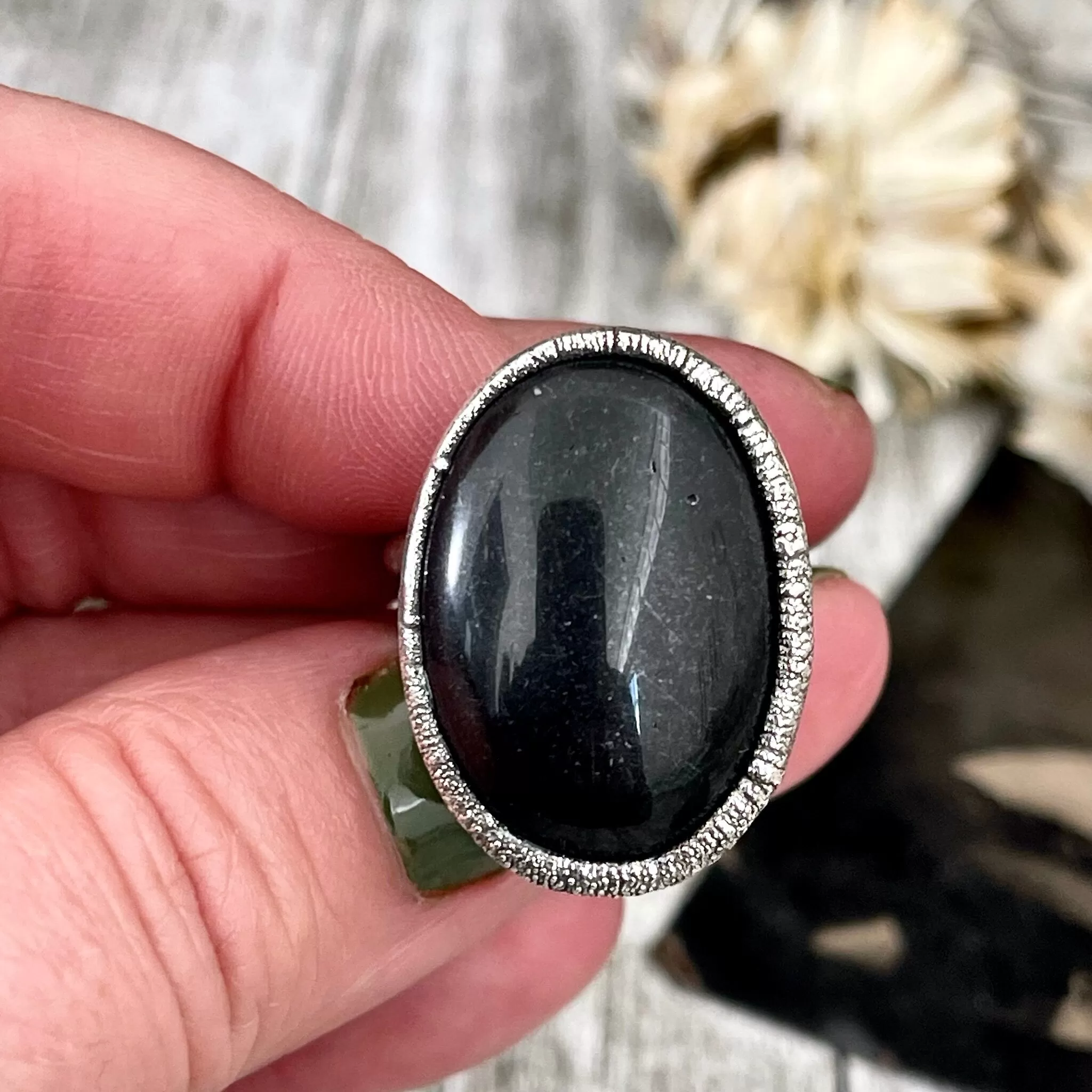 Natural Black Onyx Ring in Fine Silver Size 6 7 /  Large Crystal Ring  - Black Stone Ring - Silver Crystal Ring - Bohemian Jewelry