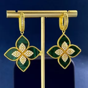 Natural shell agate diamond flower earrings female stereo earrings Peacock green earrings