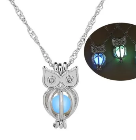 Owl Pendant Necklace Blue Glow in the Dark