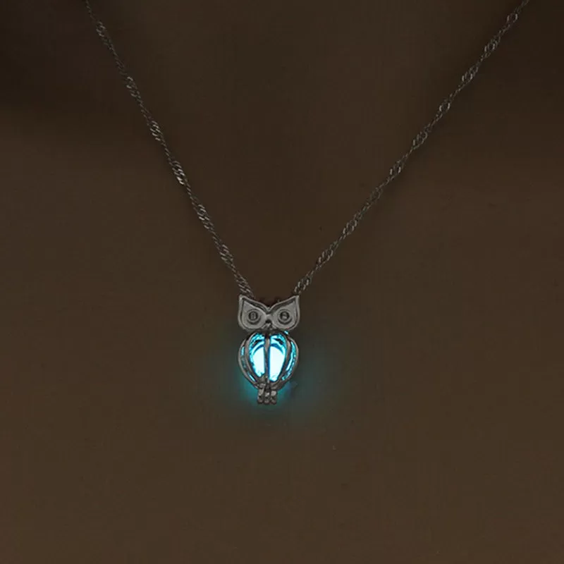 Owl Pendant Necklace Blue Glow in the Dark