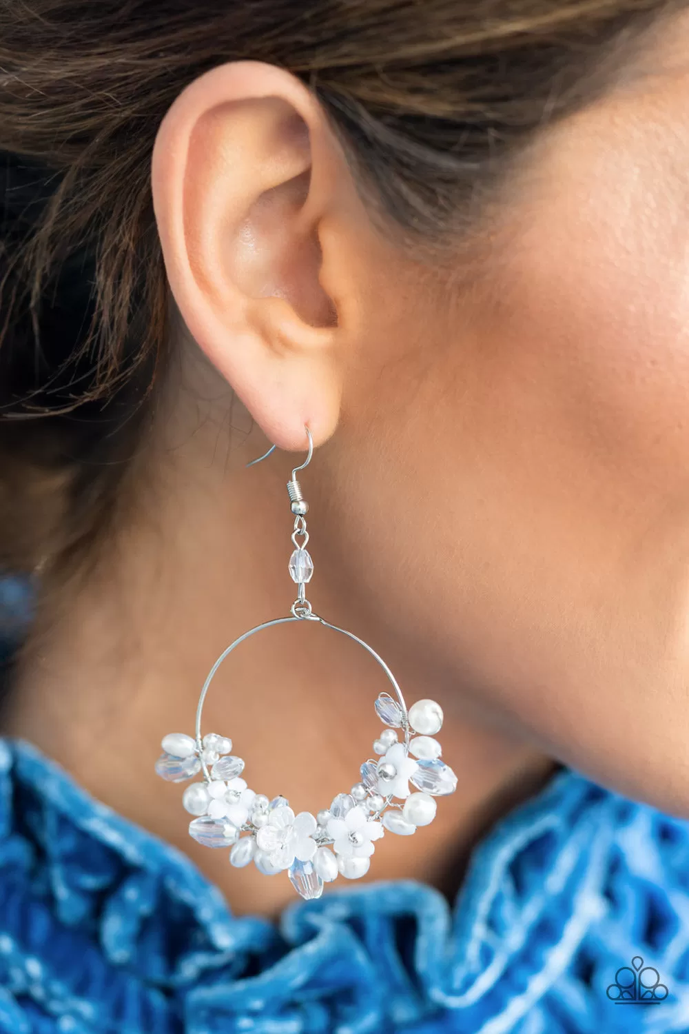 Paparazzi Floating Gardens White Pearl Floral Hoop Earrings