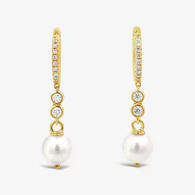 Pearl & Bezel Set Diamond Dangle Earrings