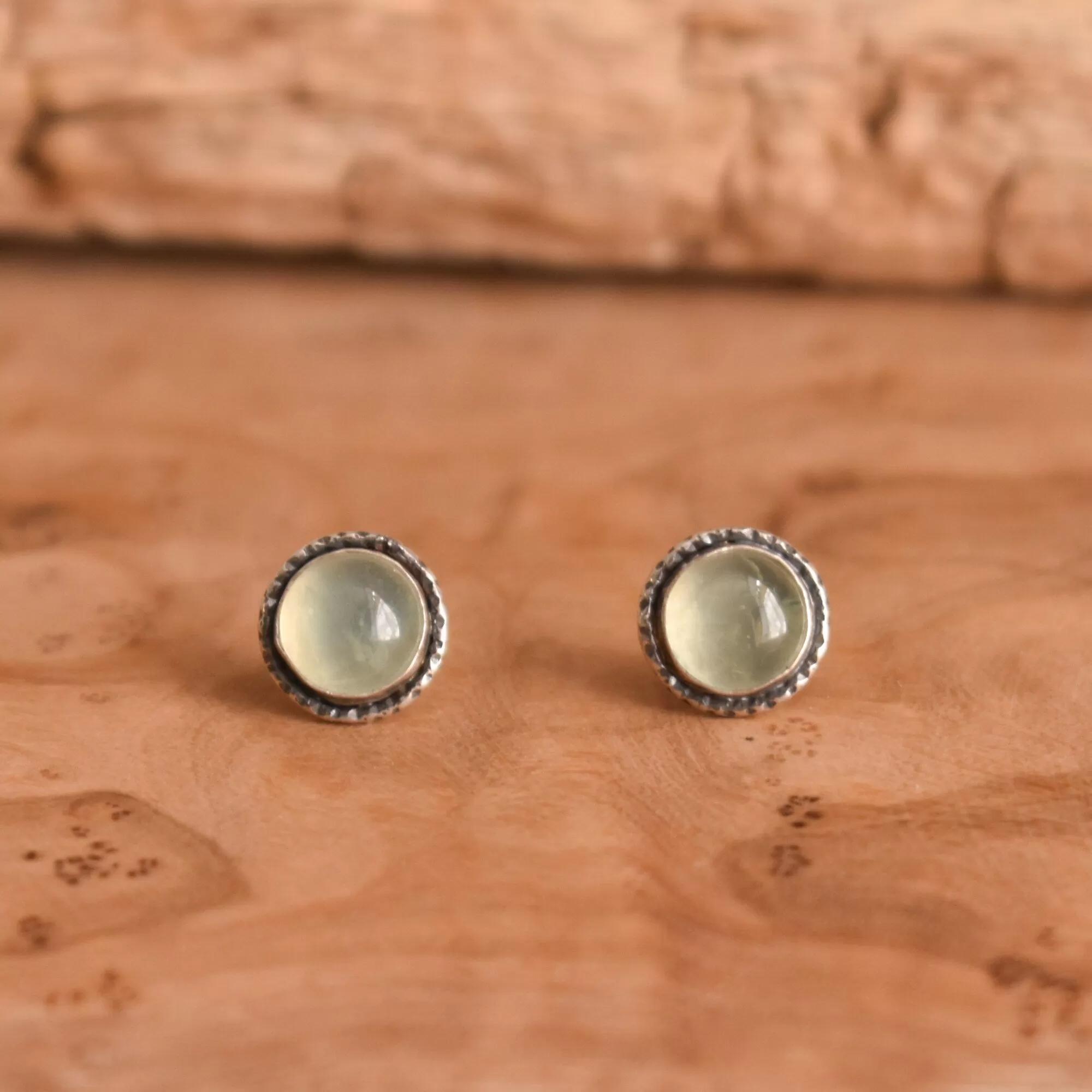 Prehnite Posts - .925 Sterling Silver - Green Post Earrings - Hammered Prehnite Earrings