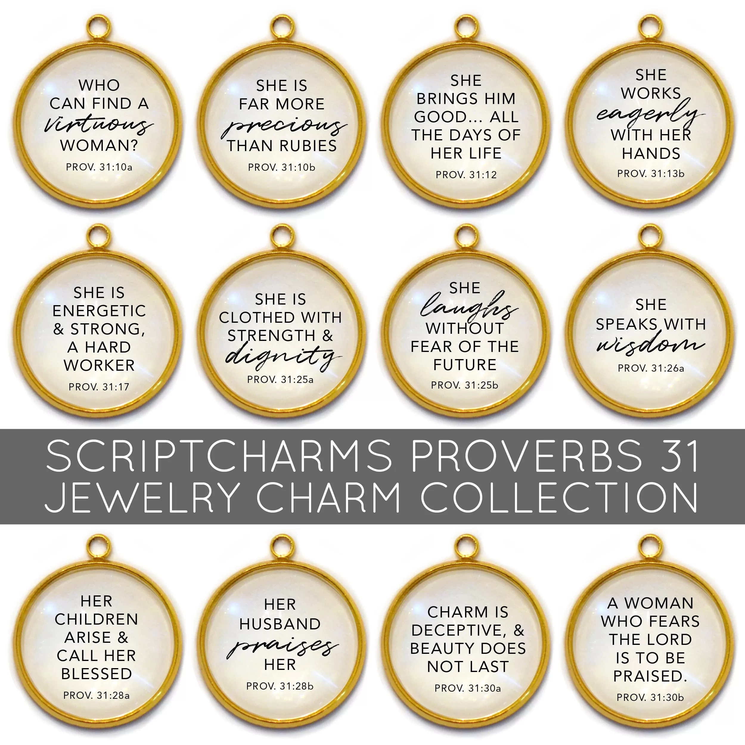 Proverbs 31 Woman - Set of 12 Scripture Charms for Jewelry Making, 16 or 20mm, Silver