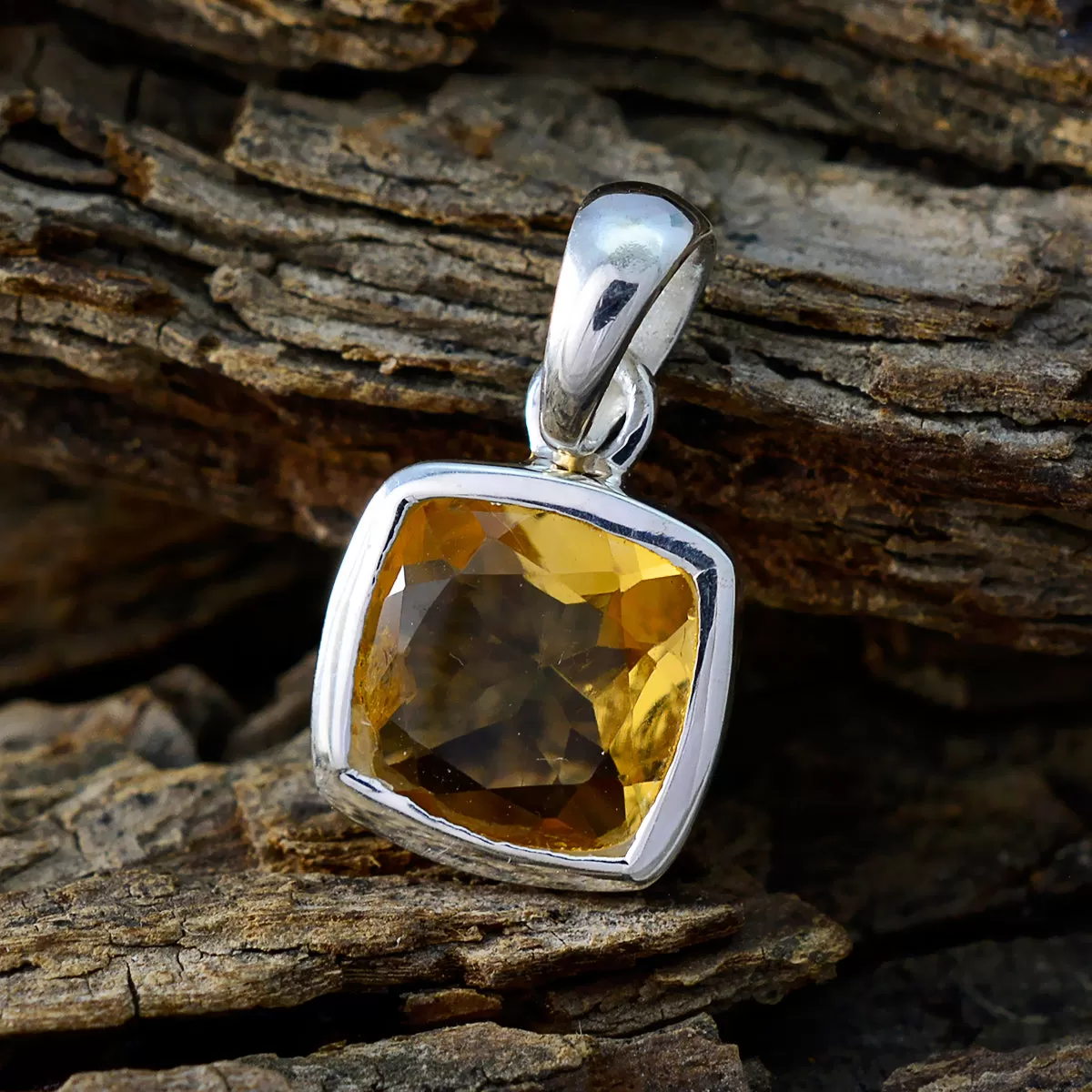 Riyo Exquisite Gemstone Cushion Faceted Yellow Citrine Sterling Silver Pendant Gift For Women