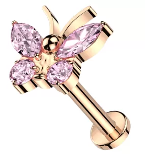 Rose Gold PVD Butterfly Pink CZ Titanium Internally Threaded Labret