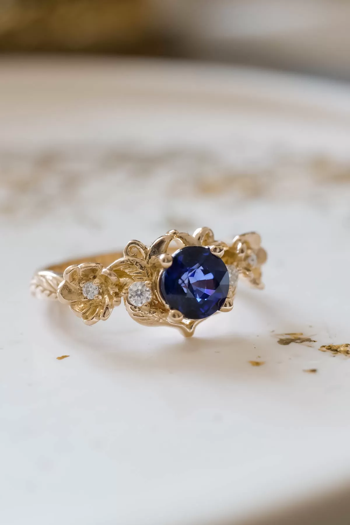 Royal blue sapphire engagement ring, floral ring with diamonds / Adelina