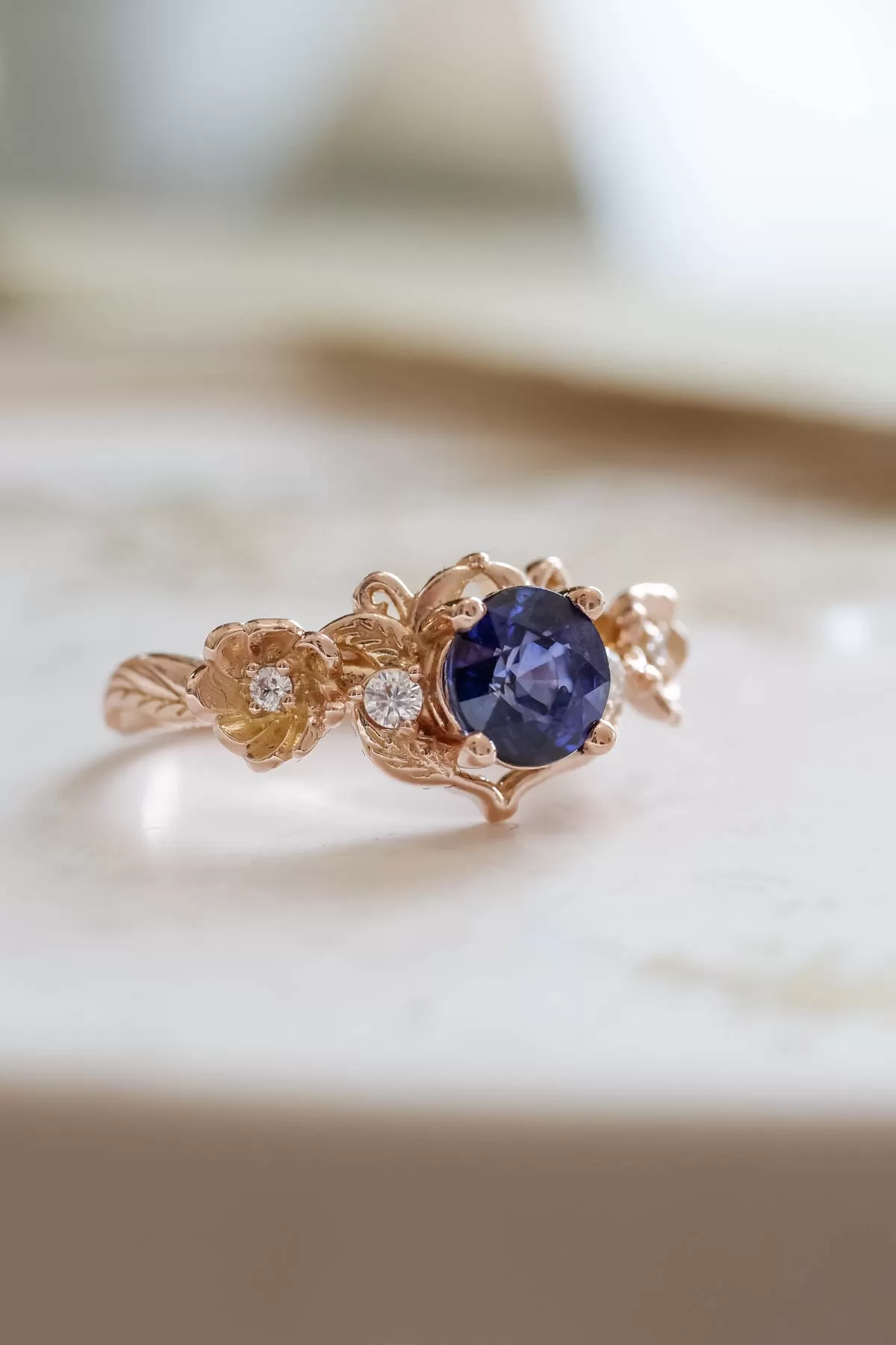 Royal blue sapphire engagement ring, floral ring with diamonds / Adelina