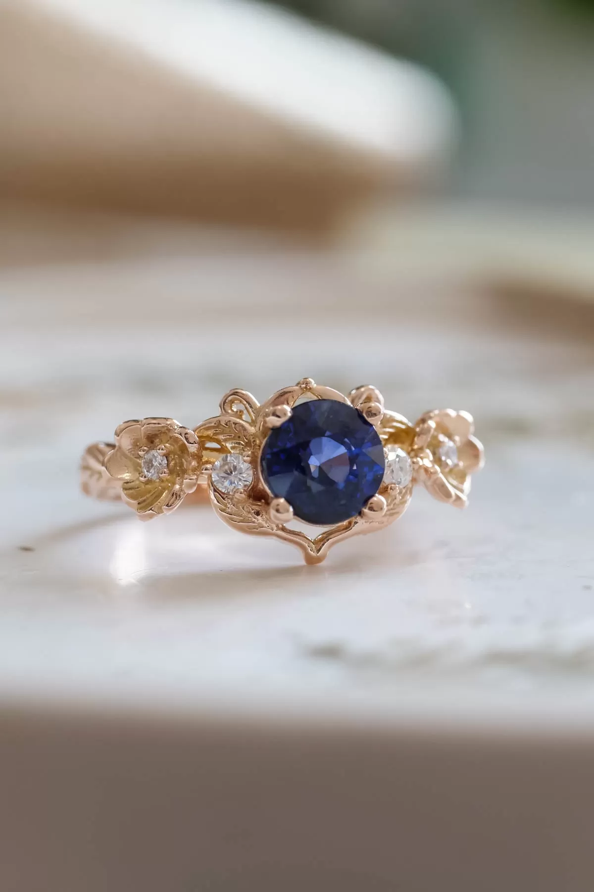 Royal blue sapphire engagement ring, floral ring with diamonds / Adelina