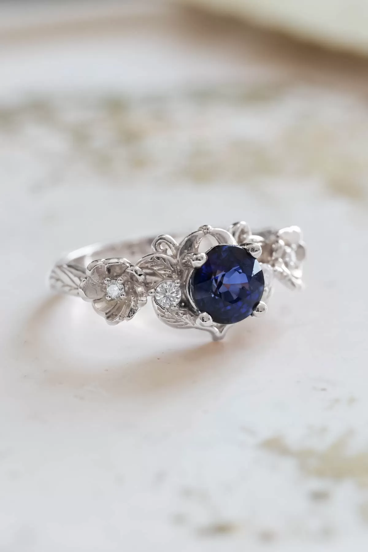 Royal blue sapphire engagement ring, floral ring with diamonds / Adelina