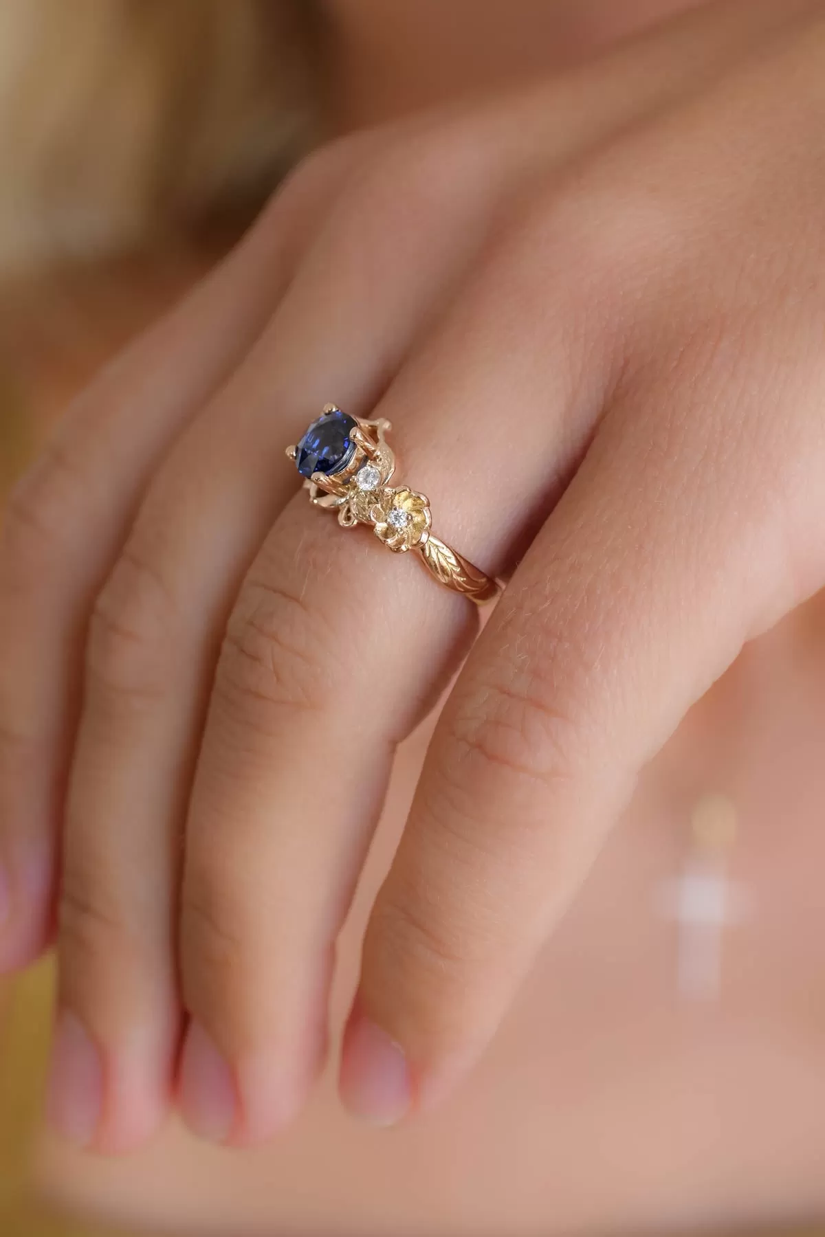 Royal blue sapphire engagement ring, floral ring with diamonds / Adelina