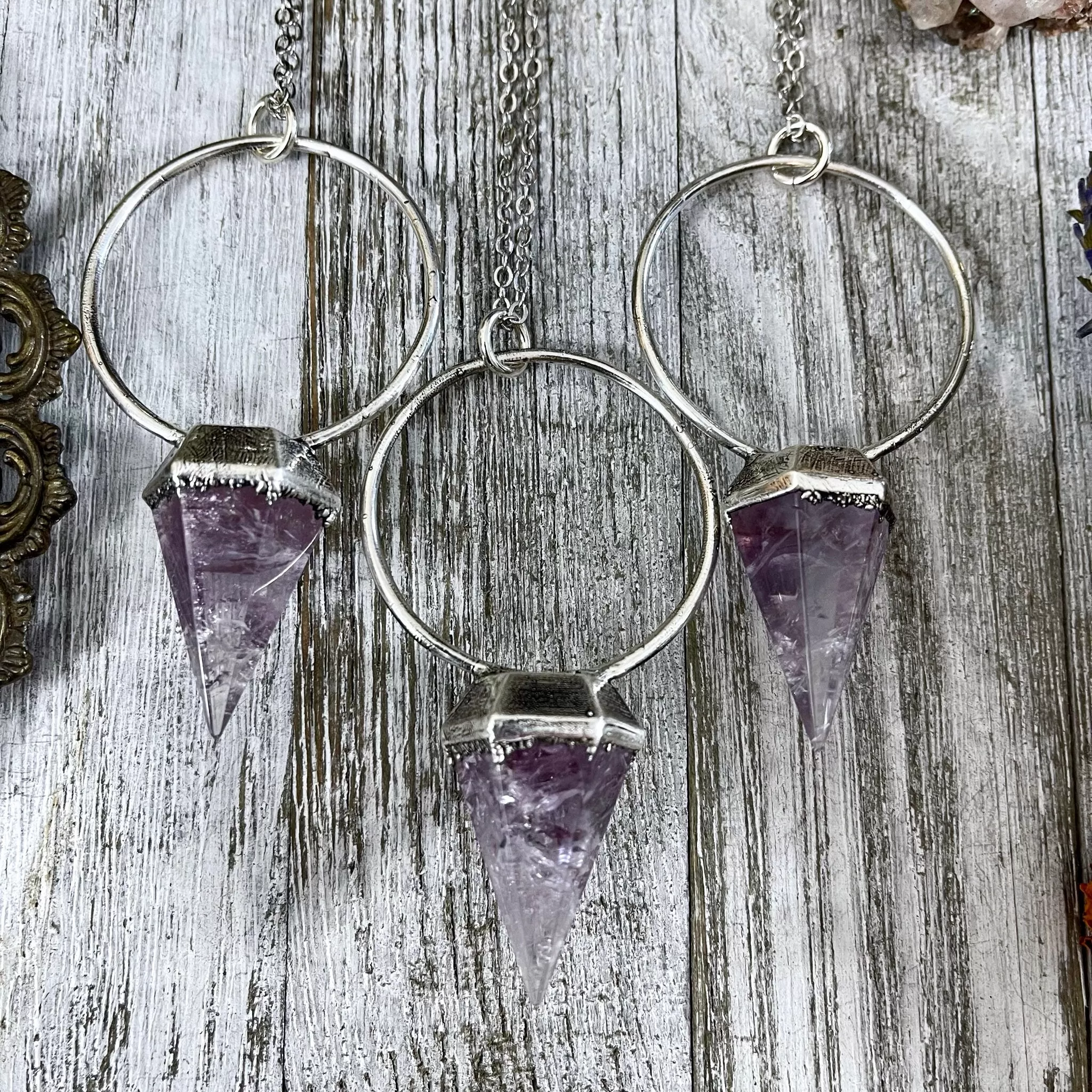 Silver Amethyst Crystal Pendulum Necklace in Fine Silver / Foxlark Collection