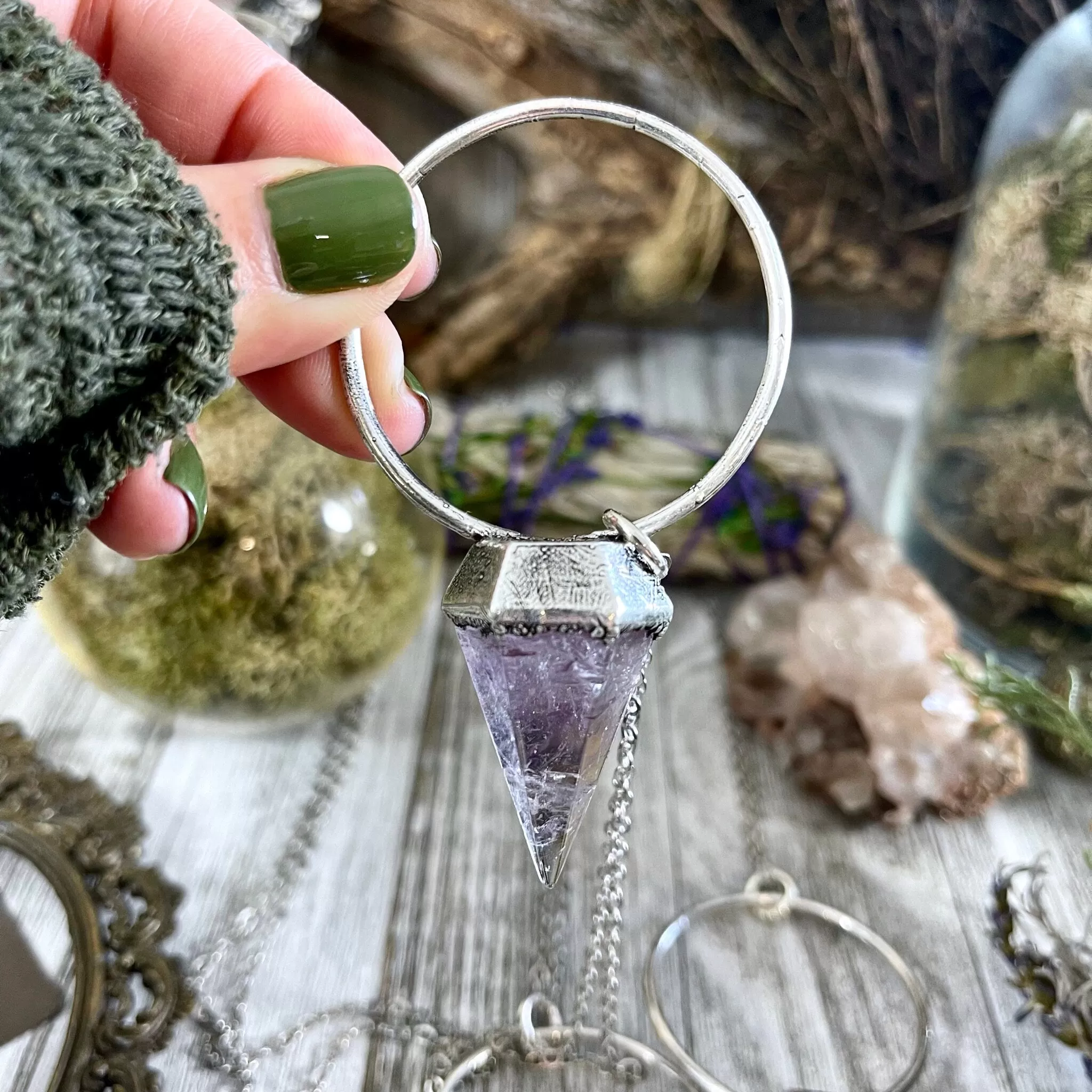 Silver Amethyst Crystal Pendulum Necklace in Fine Silver / Foxlark Collection