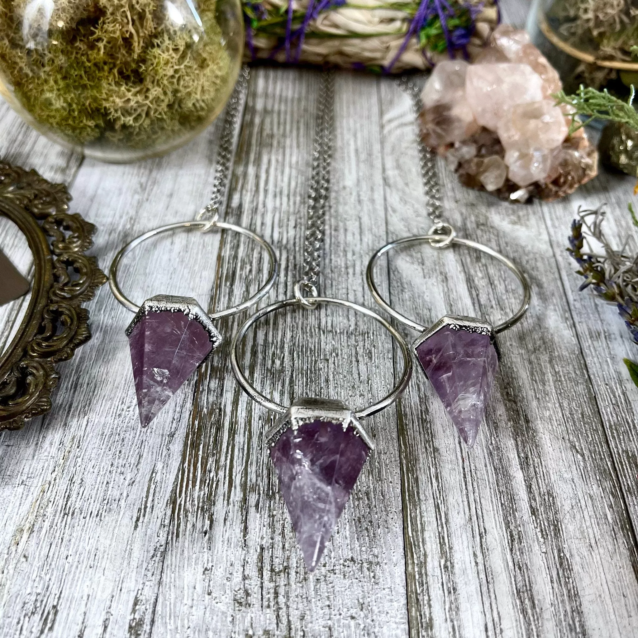 Silver Amethyst Crystal Pendulum Necklace in Fine Silver / Foxlark Collection