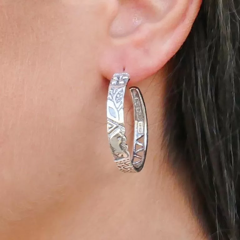 Silver hoop earrings large. Floral Silver Designer Earrings