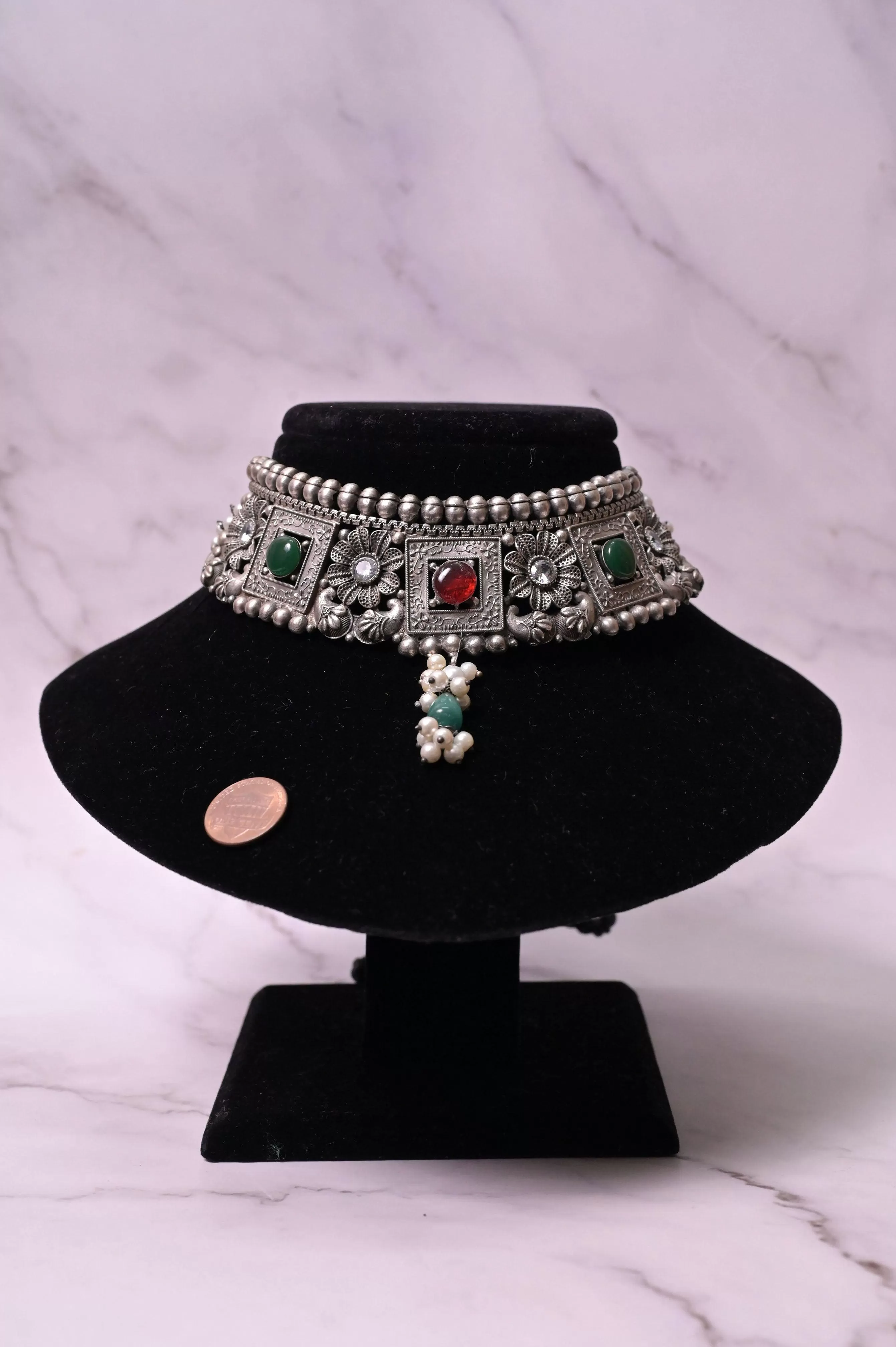 Silver Replica Choker Necklace Set with Multi-Color Kundan and Pearl Work