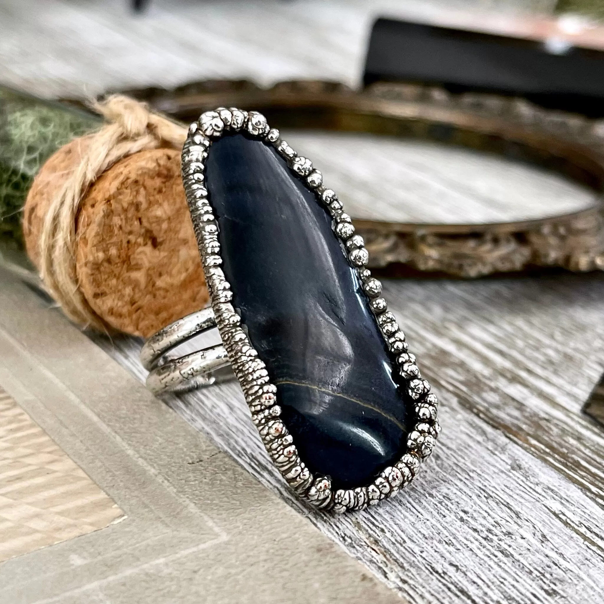 Size 10 Blue Tigers Eye Large Crystal Statement Ring in Fine Silver / Foxlark Collection - One of a Kind