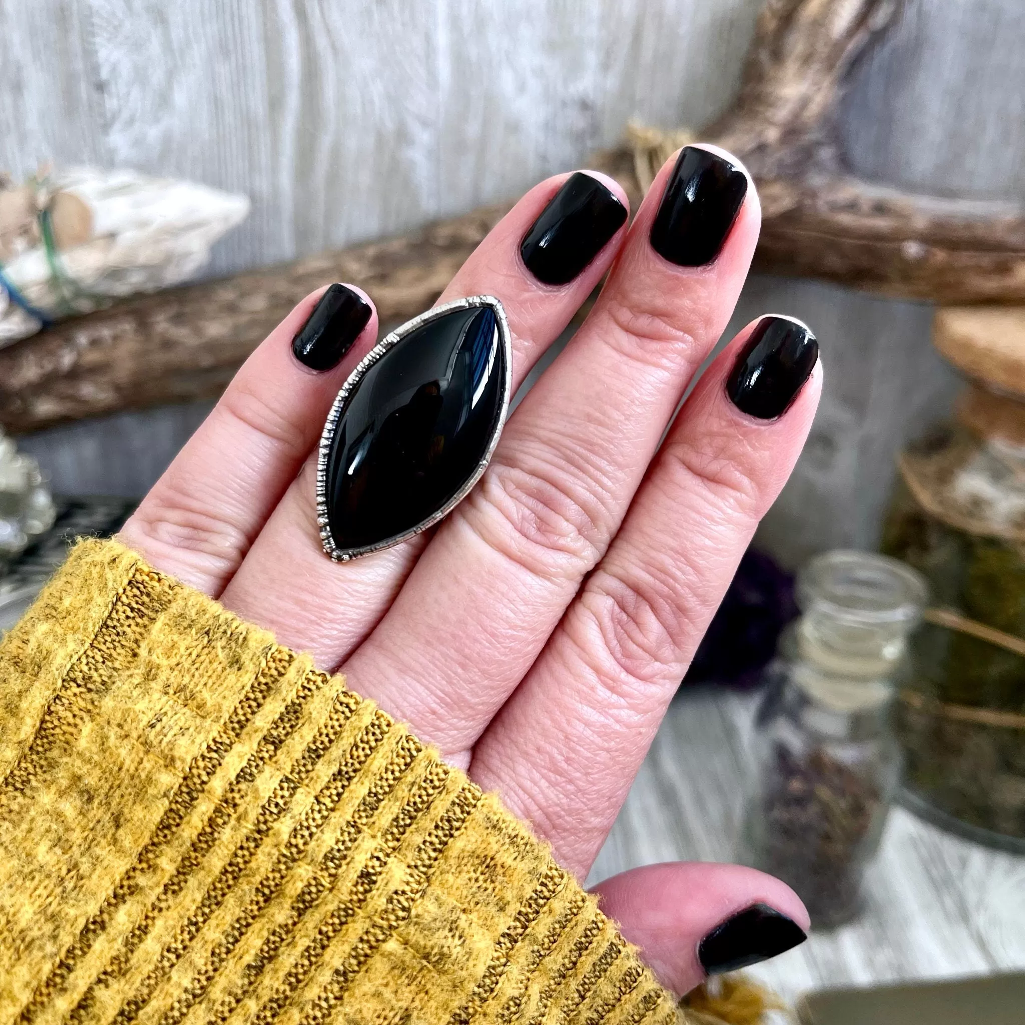 Size 5.5 Natural Black Onyx Ring in Fine Silver /  Large Crystal Ring  - Black Stone Ring - Silver Crystal Ring - Bohemian Jewelry