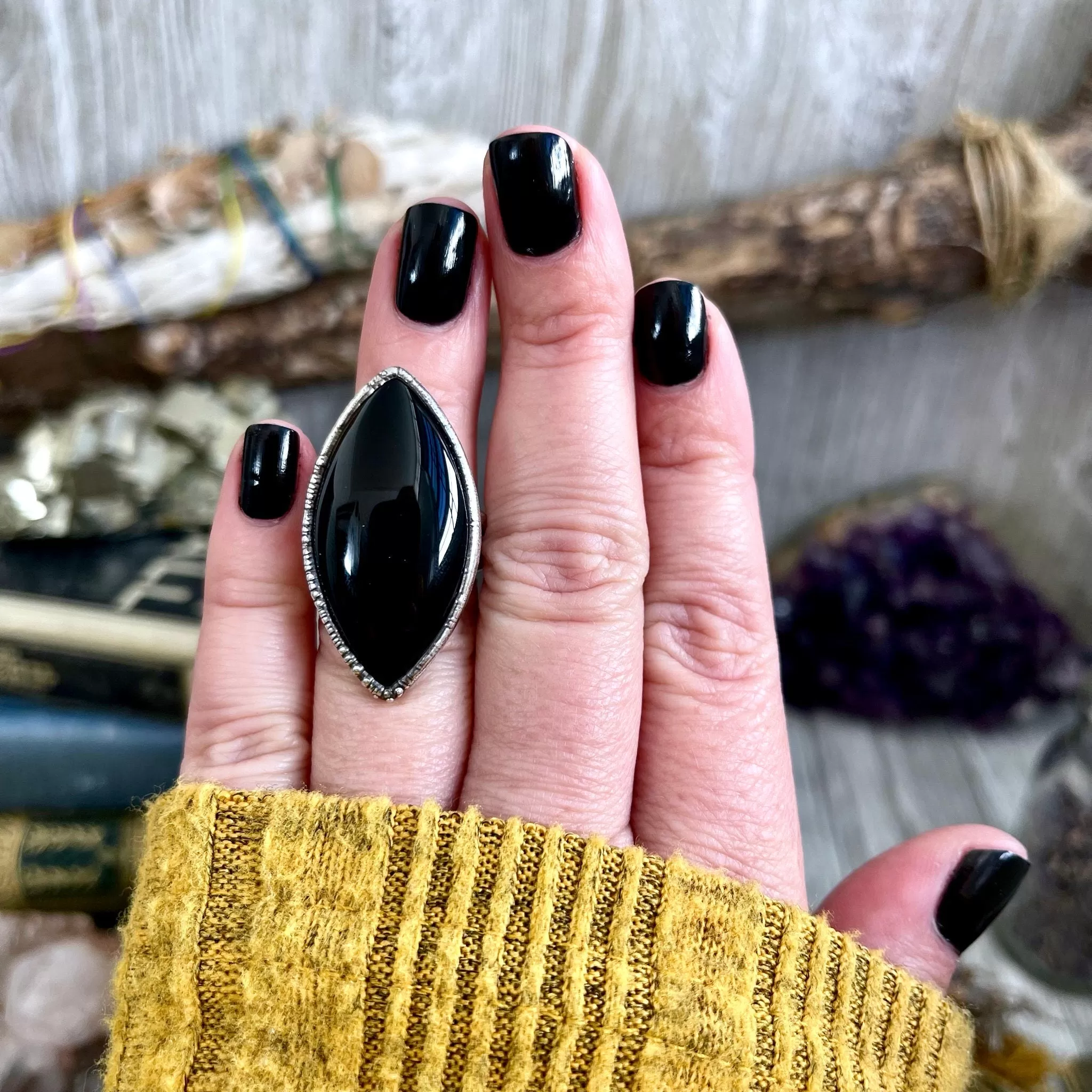 Size 5.5 Natural Black Onyx Ring in Fine Silver /  Large Crystal Ring  - Black Stone Ring - Silver Crystal Ring - Bohemian Jewelry