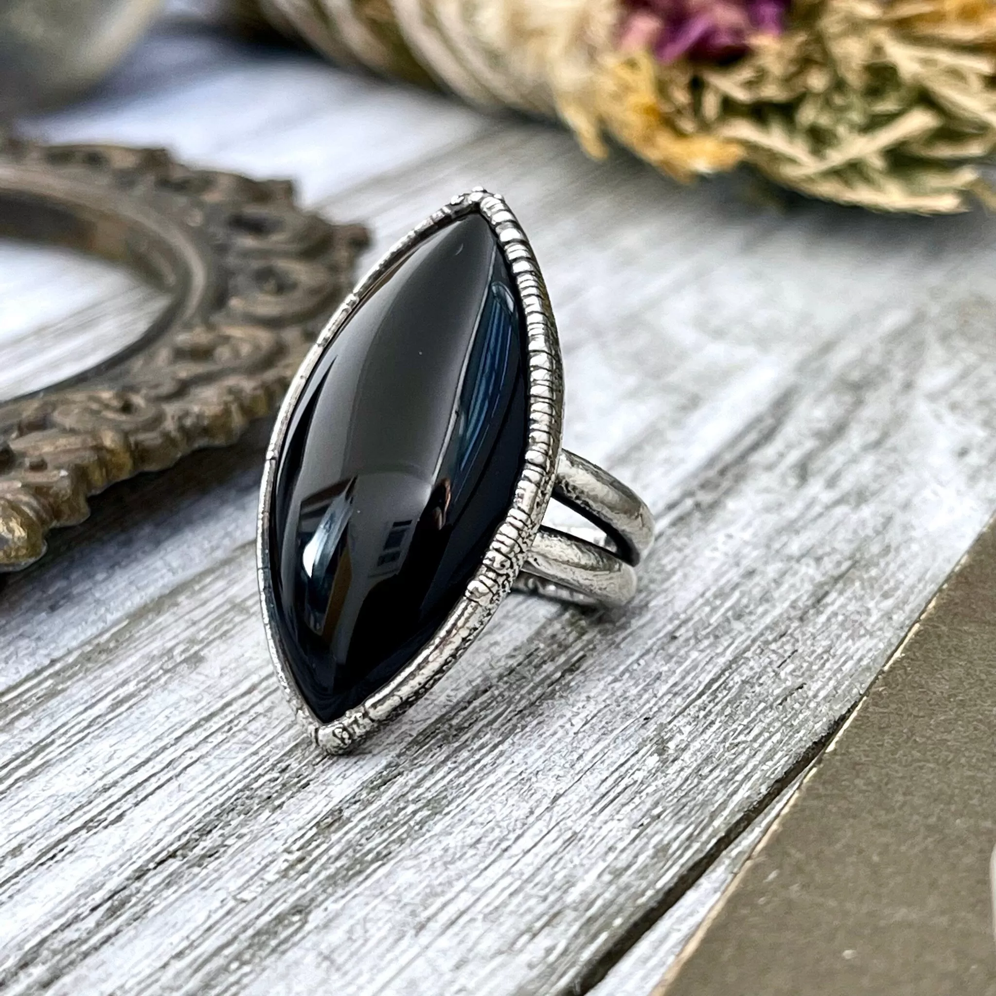 Size 5.5 Natural Black Onyx Ring in Fine Silver /  Large Crystal Ring  - Black Stone Ring - Silver Crystal Ring - Bohemian Jewelry