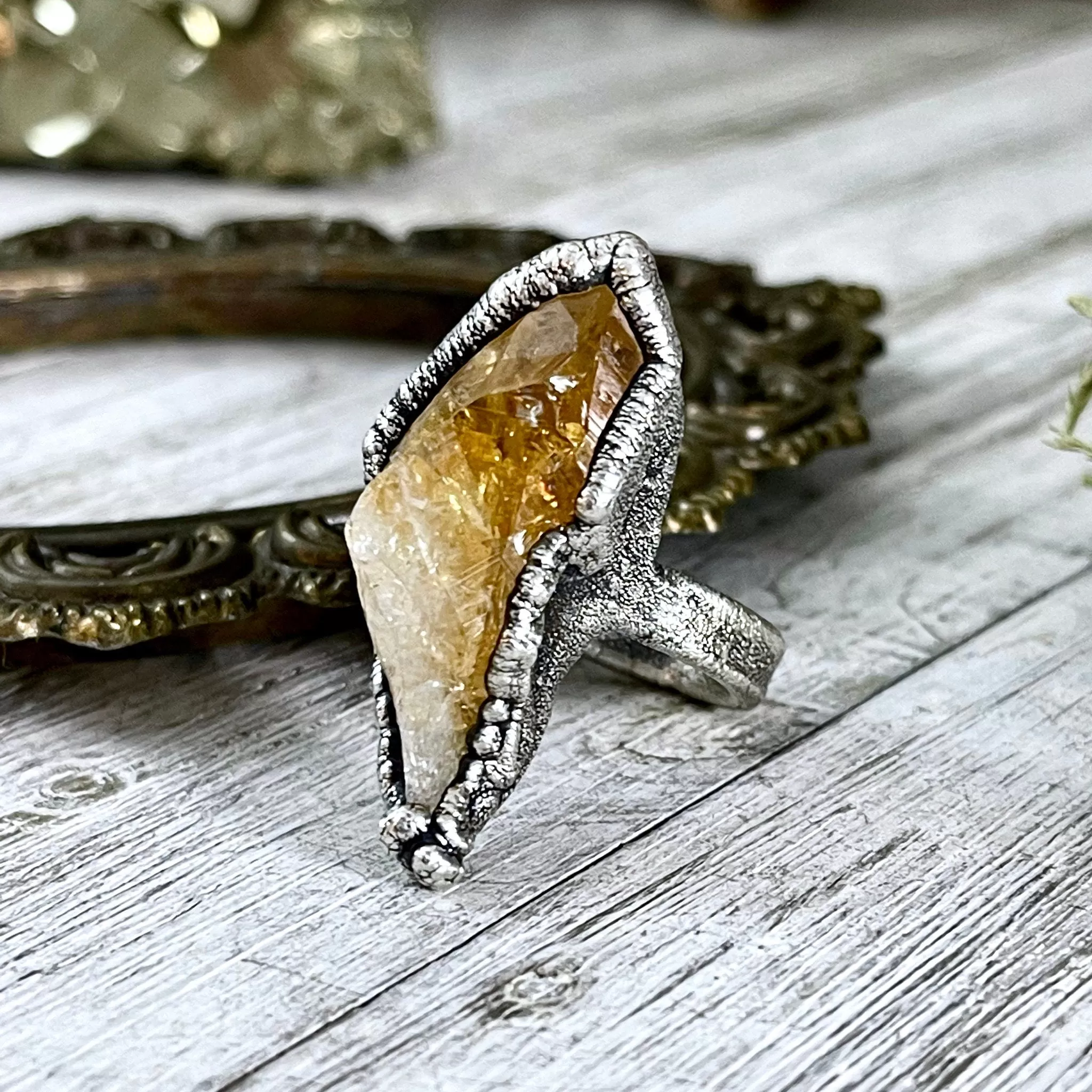 Size 6.5 Raw Citrine Crystal Point Ring Set in Fine Silver  / Foxlark Collection - One of a Kind