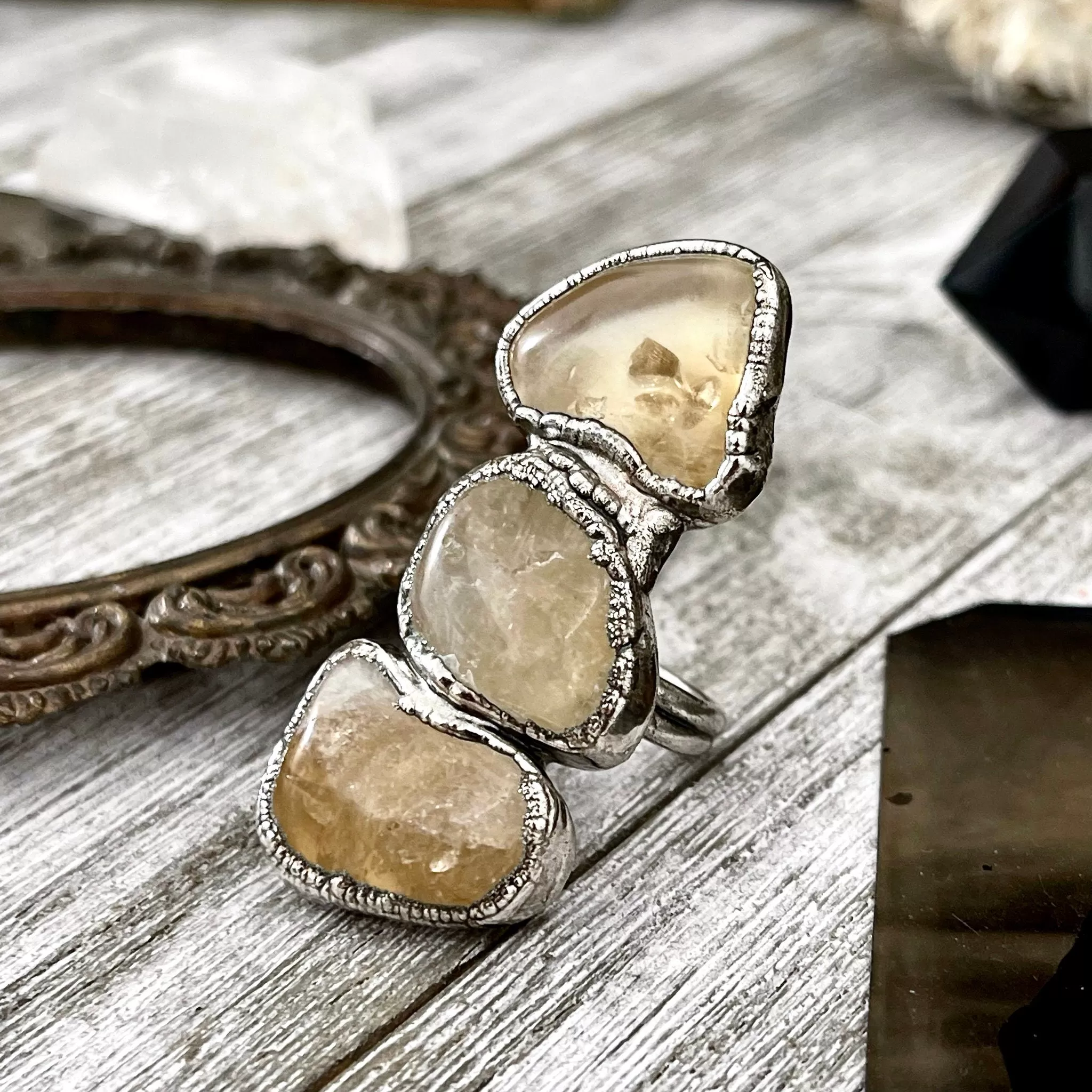 Size 7 Crystal Ring - Three Stone Yellow Citrine Ring in Silver / Foxlark Collection - One of a Kind