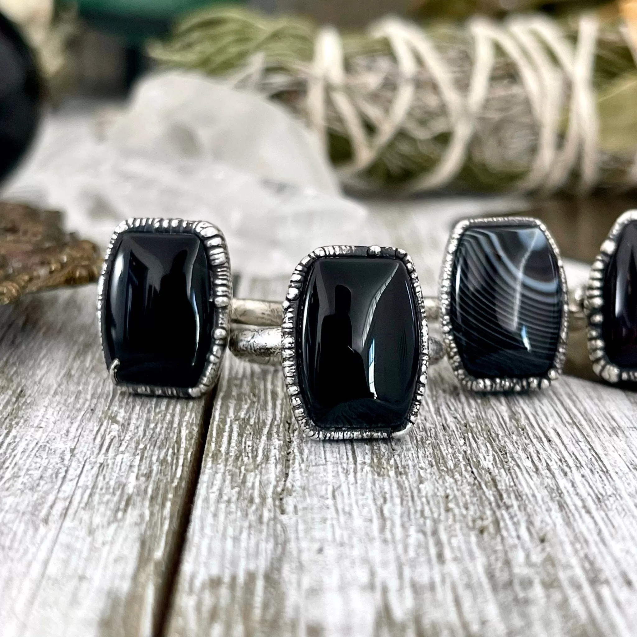 Size 7 or 9 Natural Black Stone Agate Ring in Fine Silver/ Foxlark Collection - One of a Kind