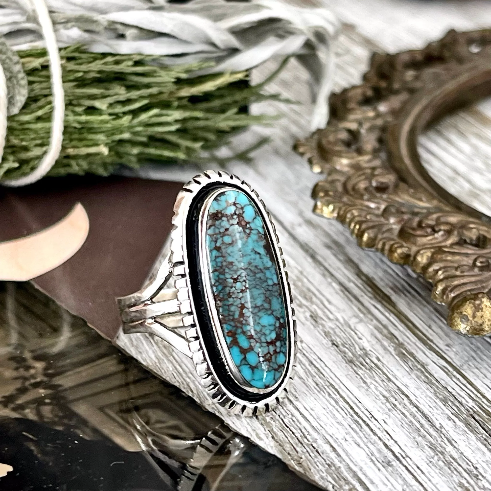 Size 8 Tibetan Turquoise Statement Ring Set in Sterling Silver  / Curated by FOXLARK Collection