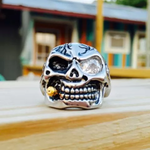 Skull Biker Ring W/ Glass Eye - R63