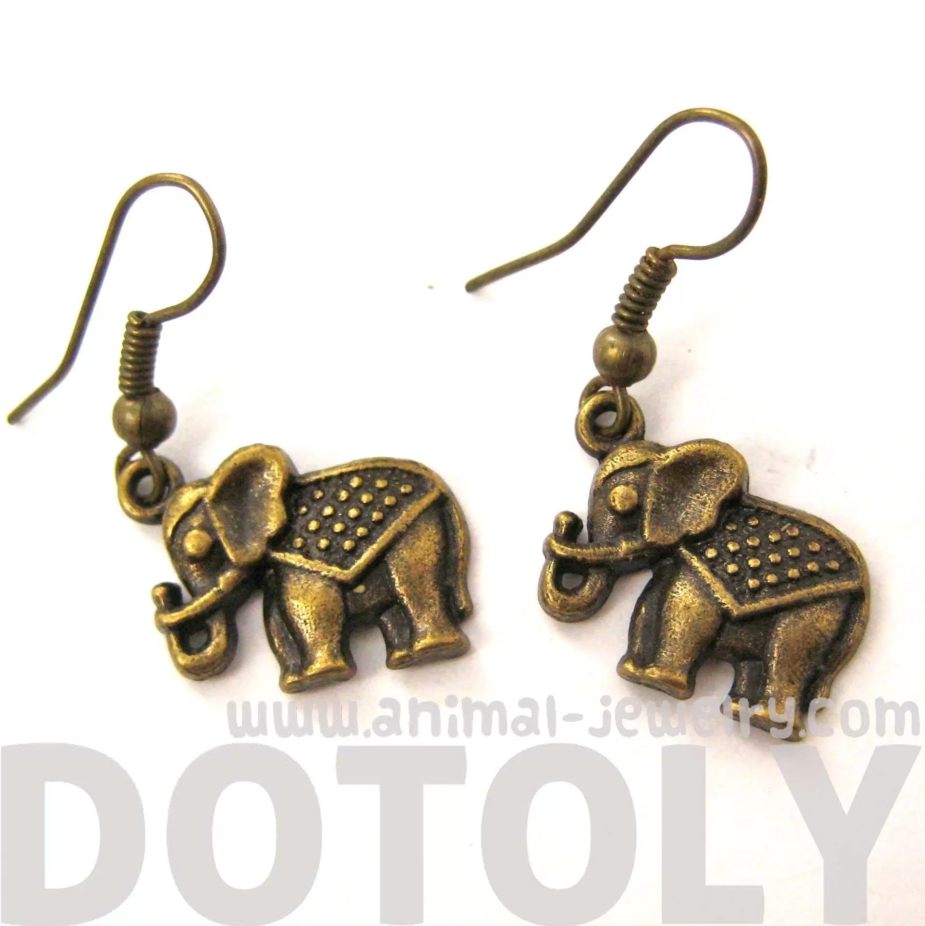 Small Elephant Shaped Dangle Earrings in Brass with Textured Detail | DOTOLY