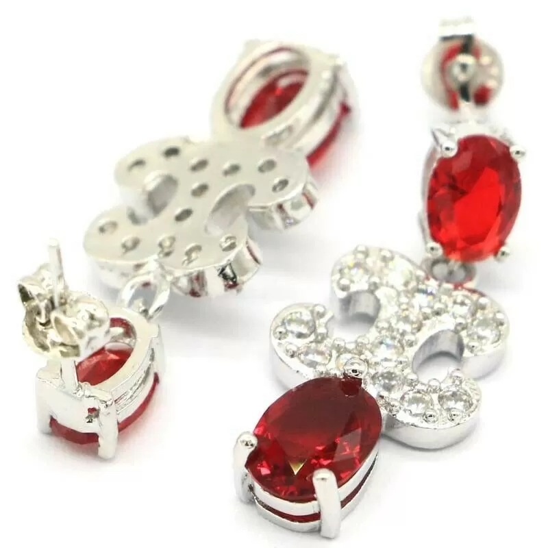 Sterling Silver Created Red Ruby CZ Drop Earrings