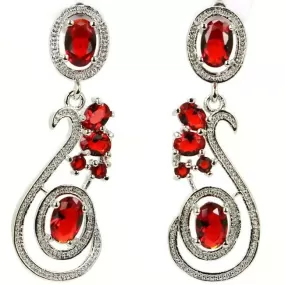 Sterling Silver Created Red Ruby Halo Drop Earrings