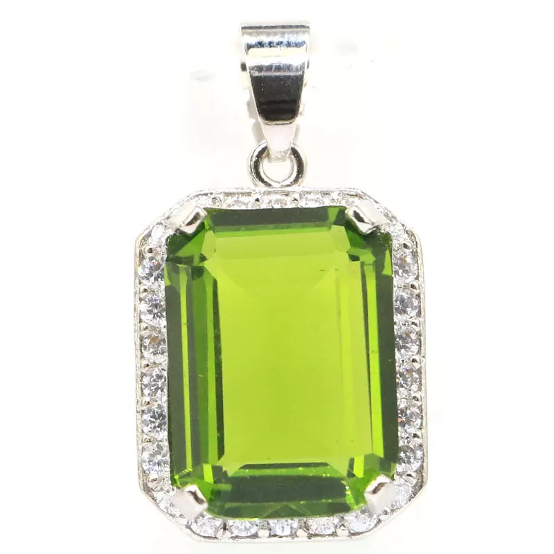 Sterling Silver Emerald-Cut Peridot Zircon Pendant Necklace