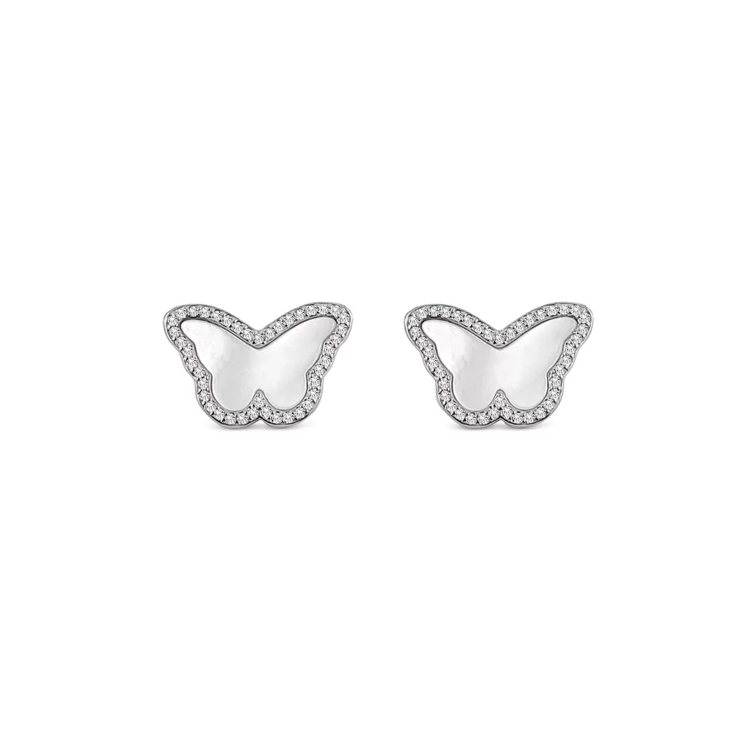 Sterling Silver Mother of Pearl Butterfly Halo Stud Earrings