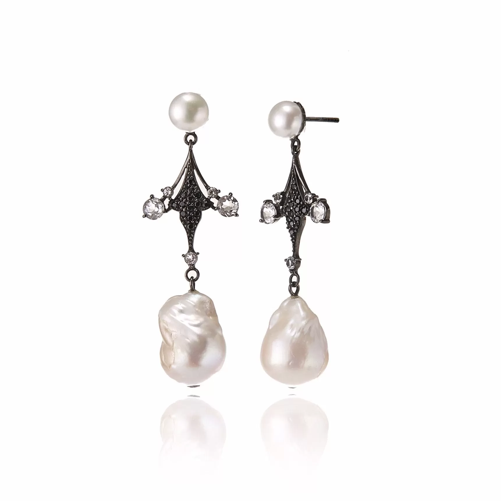 Sterling Silver Statement Earrings with Black Spinel, White Topaz & White Pearls