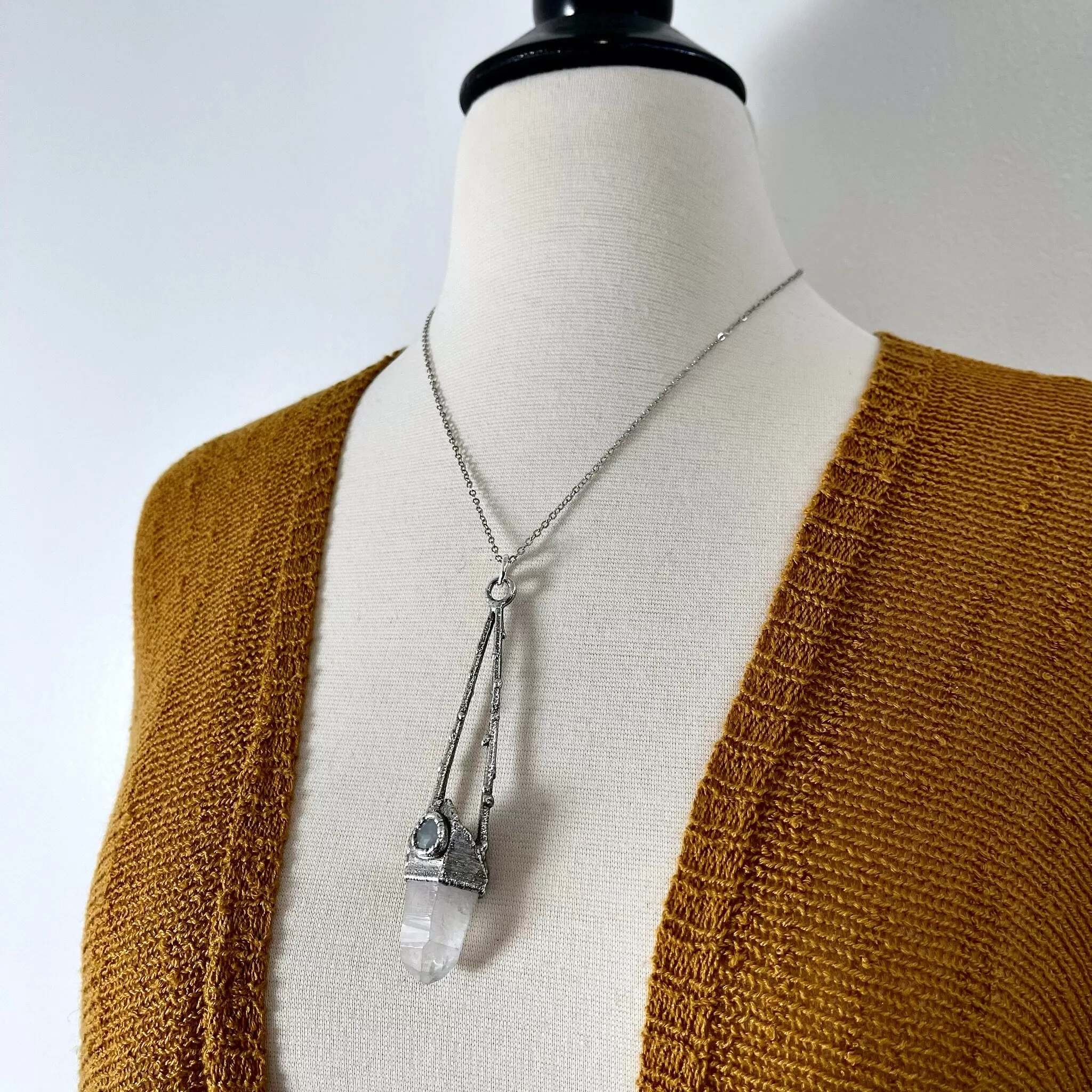 Sticks & Stones Collection - Clear Quartz and Aquamarine Necklace in Fine Silver /