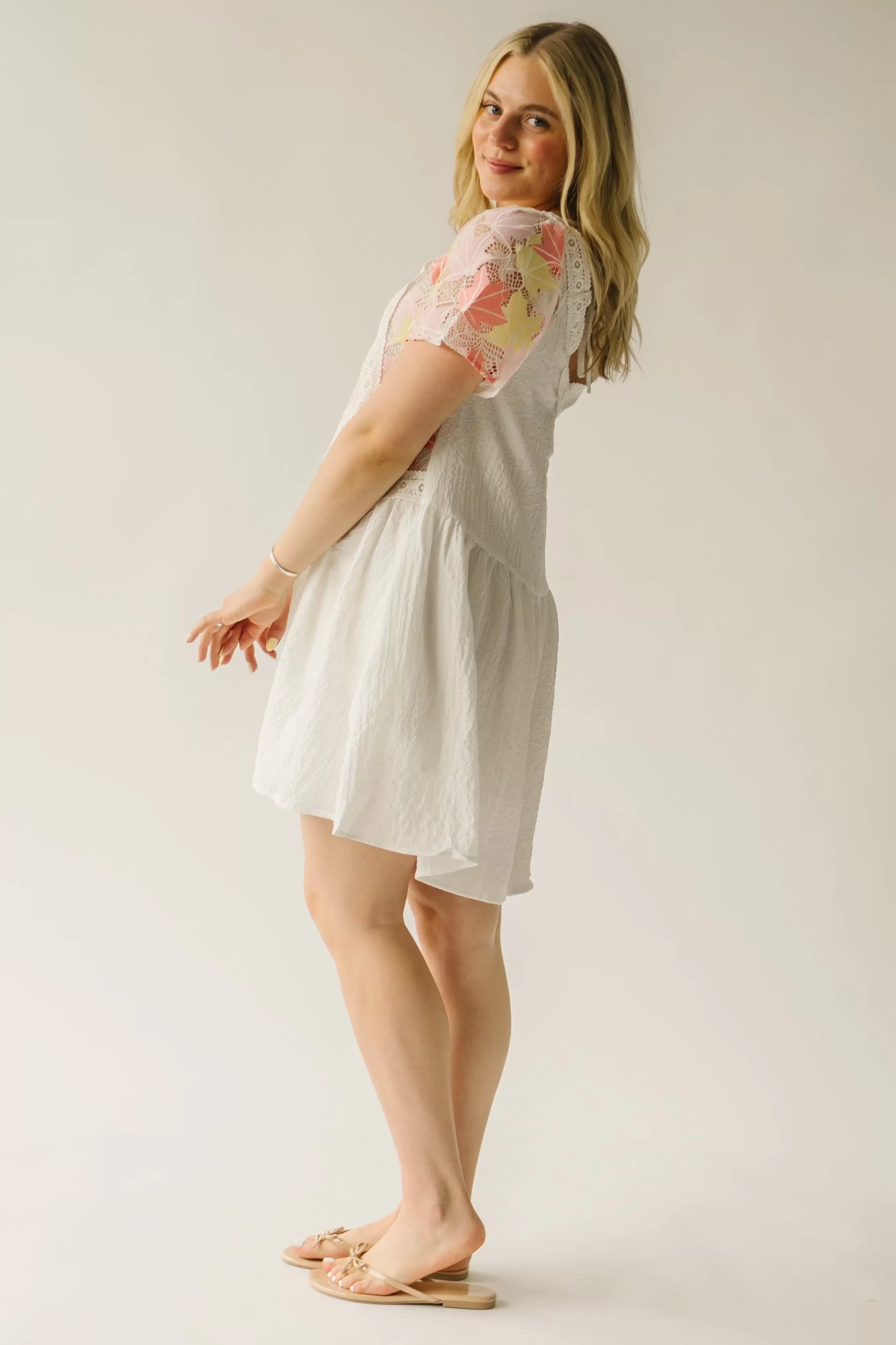 The Merrium Lace Detail Dress in White   Pink Multi