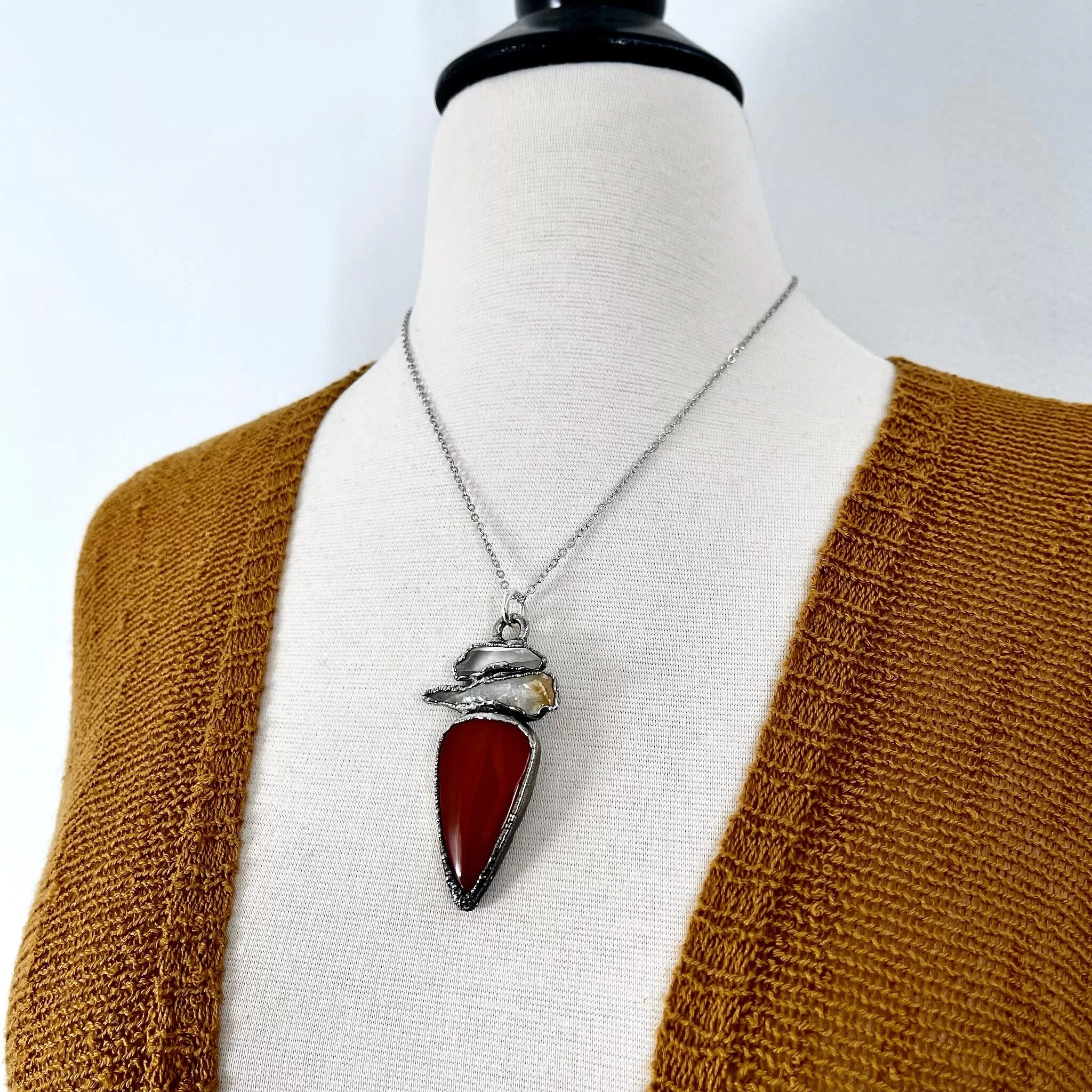 Three Stone Clear Quartz Yellow Citrine Red Carnelian Necklace in Fine Silver / Foxlark Collection - One of a Kind Jewelry /