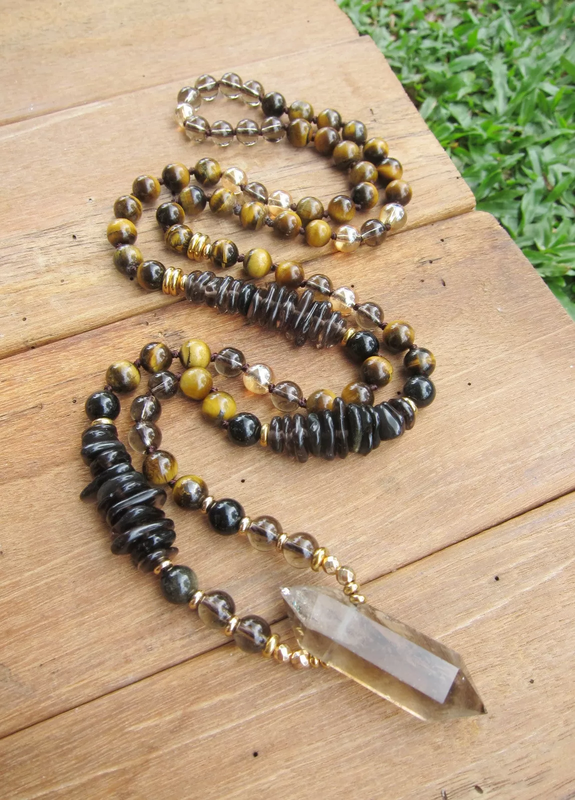 Tiger Eye Mala Necklace in Smoky Quartz Double Terminated Pendant Point