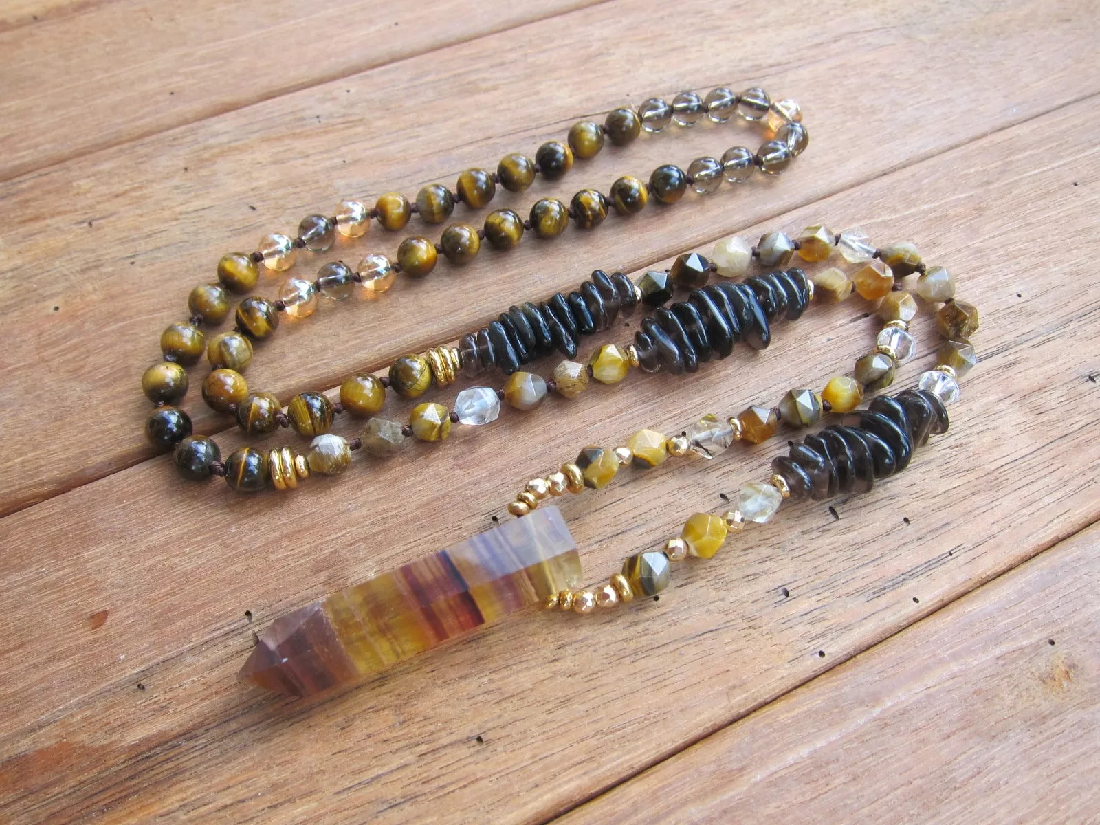 Tiger Eye, Smoky Quartz Mala Necklace in Yellow Fluorite Bullet Pendant Point