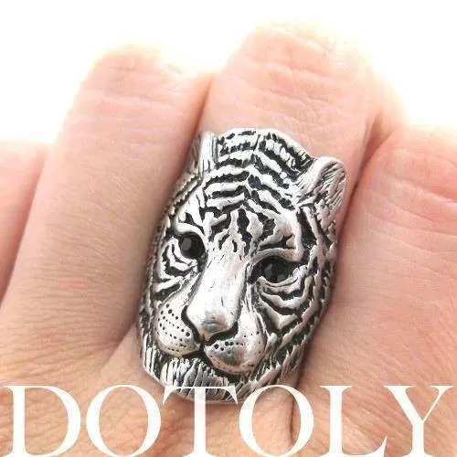 Tiger Lion Shaped Animal Ring in Silver with Textured Fur Detail | DOTOLY