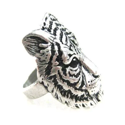 Tiger Lion Shaped Animal Ring in Silver with Textured Fur Detail | DOTOLY