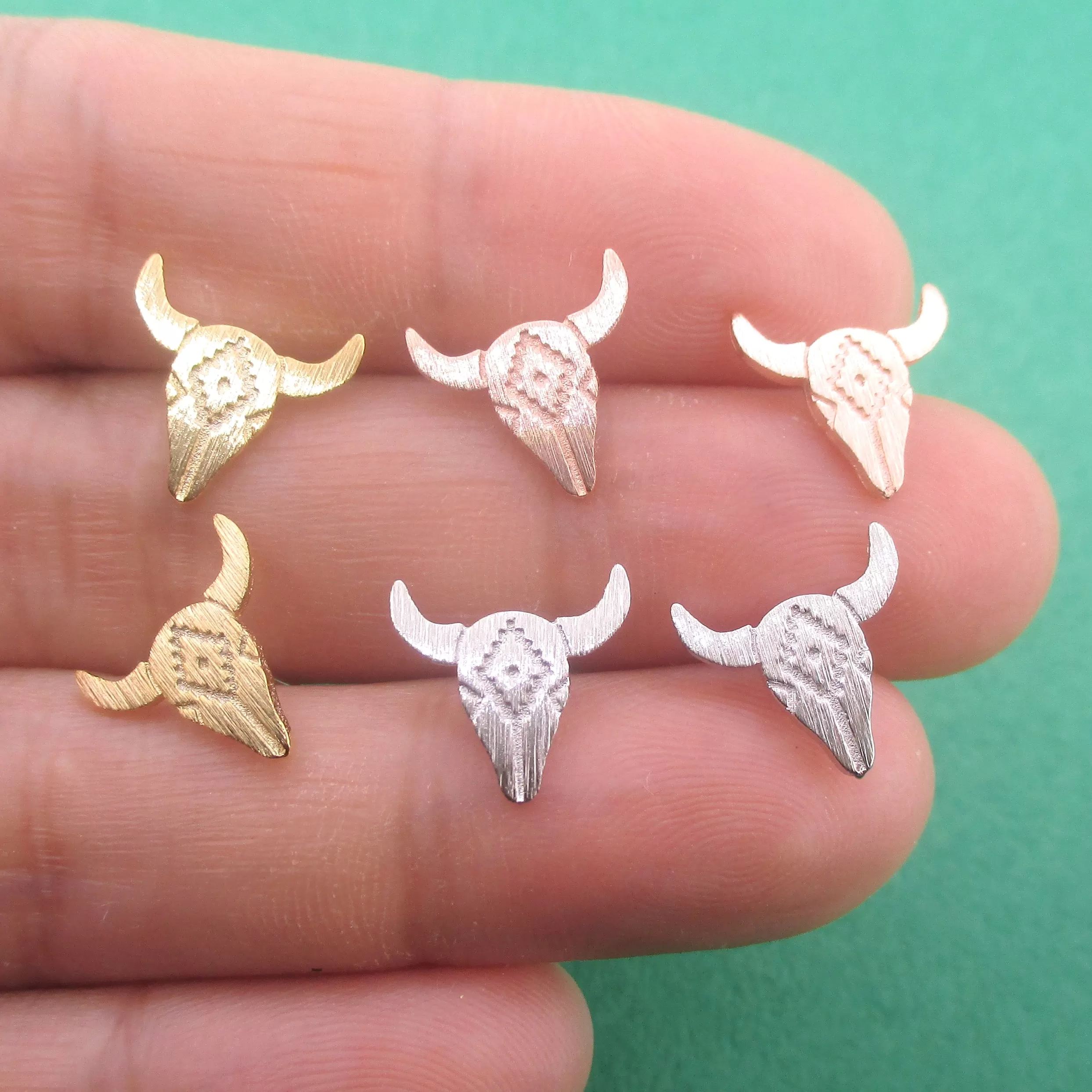 Western Southwest Steer Bull Cow Skull with Tribal Pattern Stud Earrings