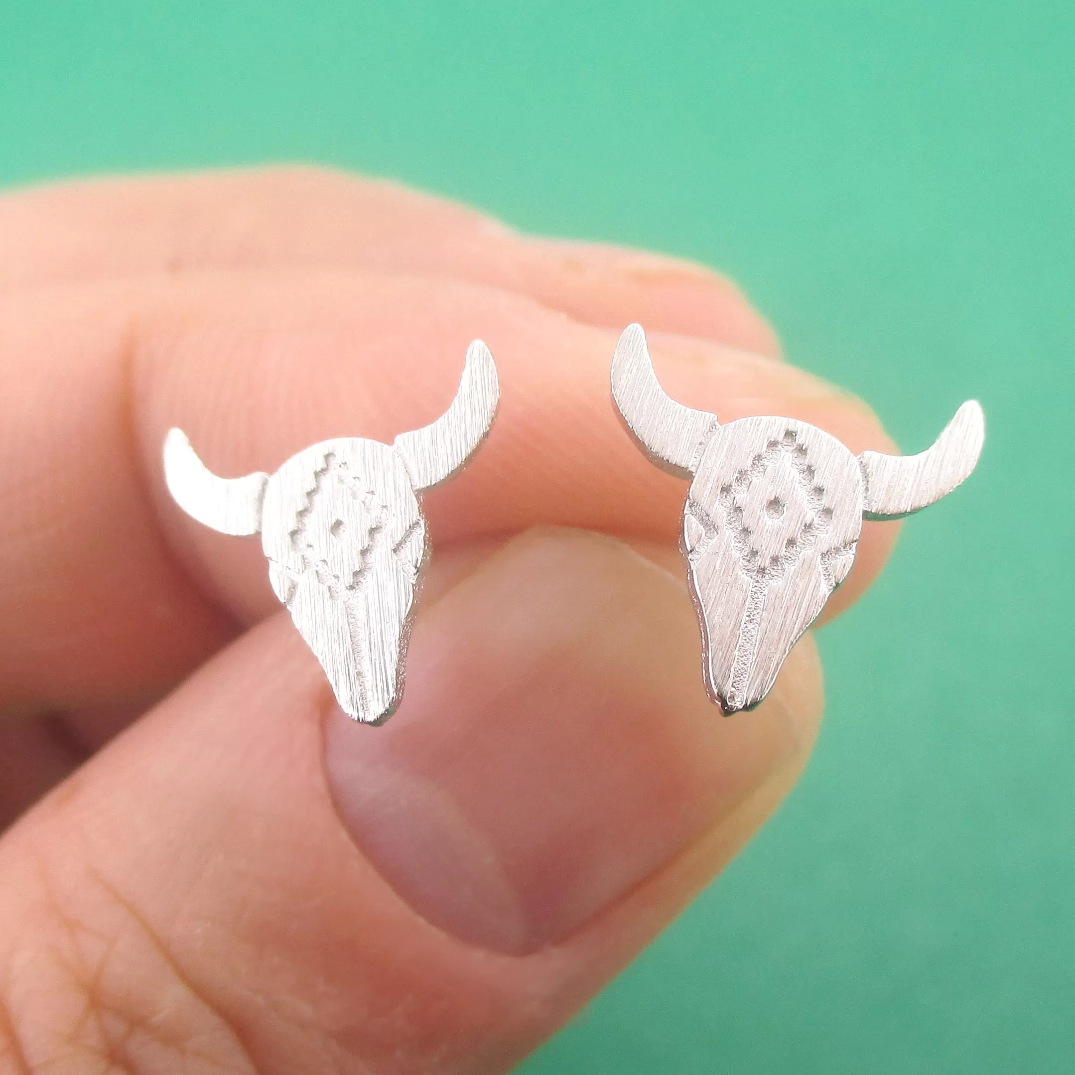 Western Southwest Steer Bull Cow Skull with Tribal Pattern Stud Earrings