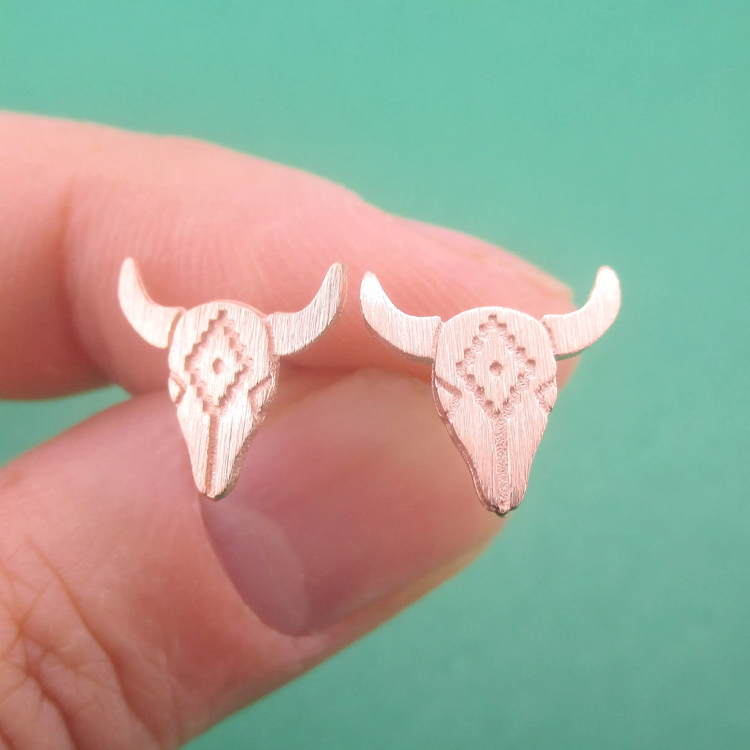 Western Southwest Steer Bull Cow Skull with Tribal Pattern Stud Earrings