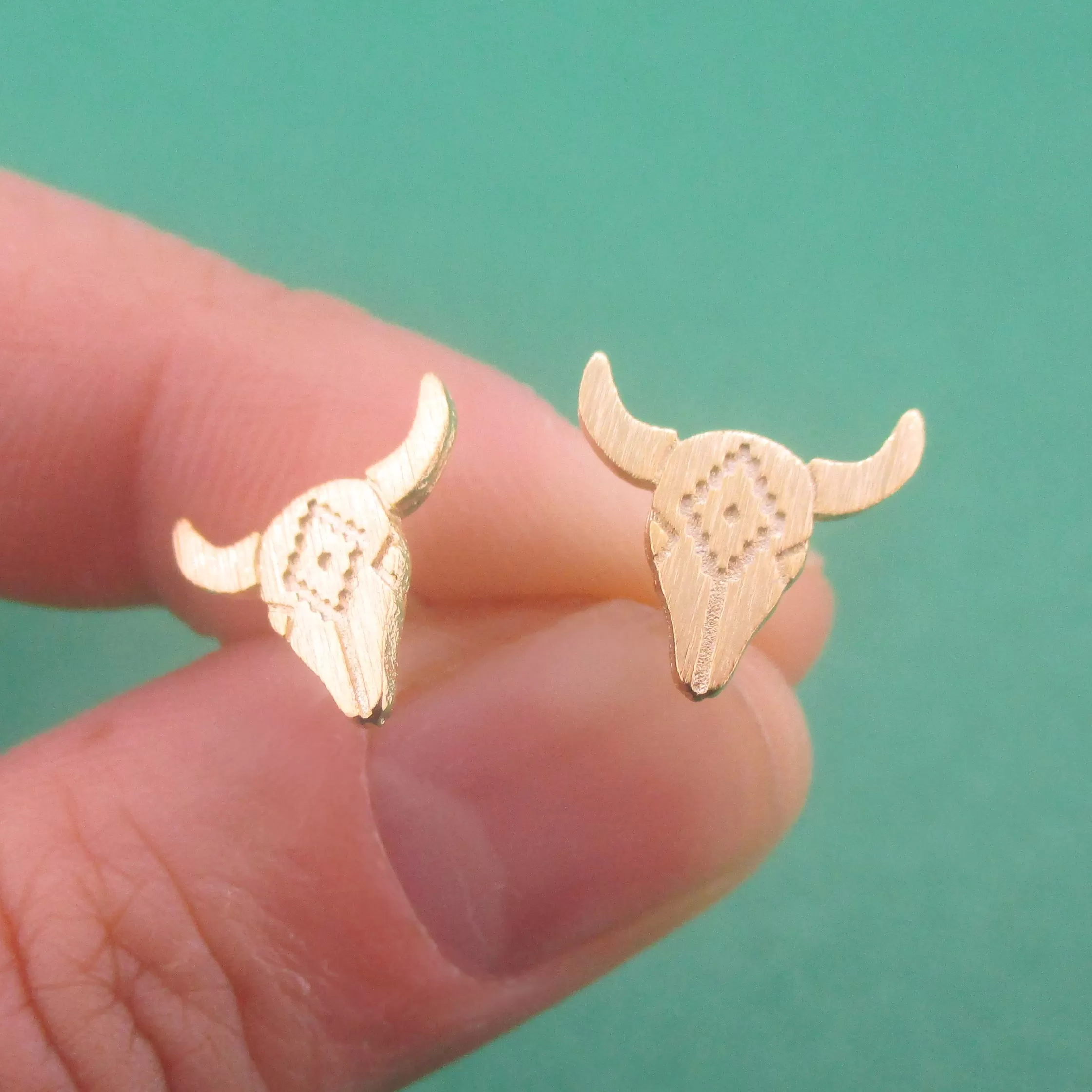 Western Southwest Steer Bull Cow Skull with Tribal Pattern Stud Earrings