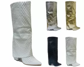 Women's Kneel High Fold Over Diamante Fishnet Block Heel Boots